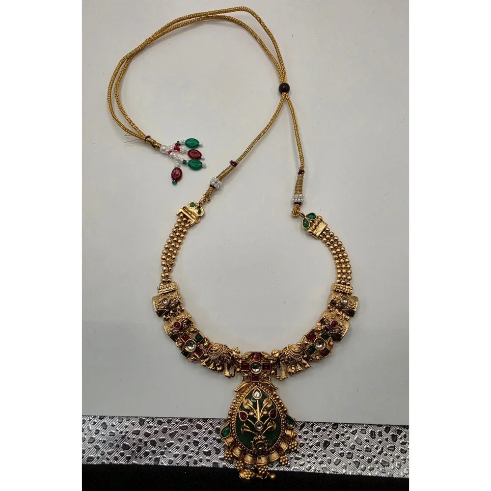 Indian Kundan Style Elephant Necklace Earrings Set Gold Tone Green Red Bridal